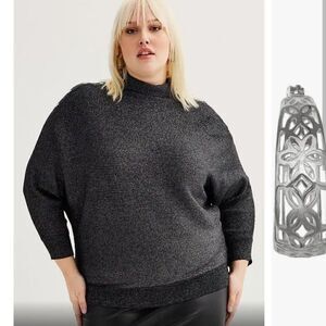 Philosophy Mock Neck Sweater with Dolman Sleeves in Black & Silver Metallic